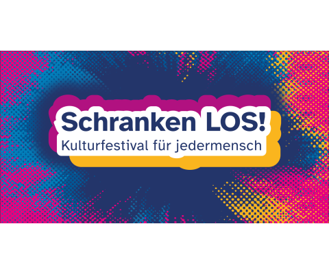 Buntes Raster in Gelb und Pink, das explosionsartig von Blau durchbrochen wird. Darauf der Schriftzug "Schranken Los! Kulturfestival für jedermensch" auf weißem Grund, der von einem lilafarbenen und gelben Schlagschatten hinterlegt ist